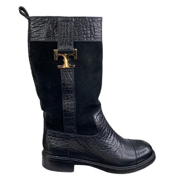 Tory Burch Women's Corey Black Leather Suede Mid Calf Boots Size